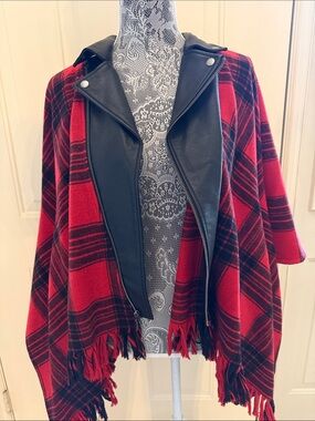 Rock & Republic Red and Black Plaid Poncho with Faux Leather Trim